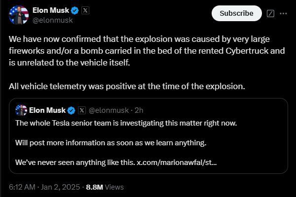 Ledakan Pickup Tesla di Las Vegas Bakar Satu Orang, Luka Tujuh